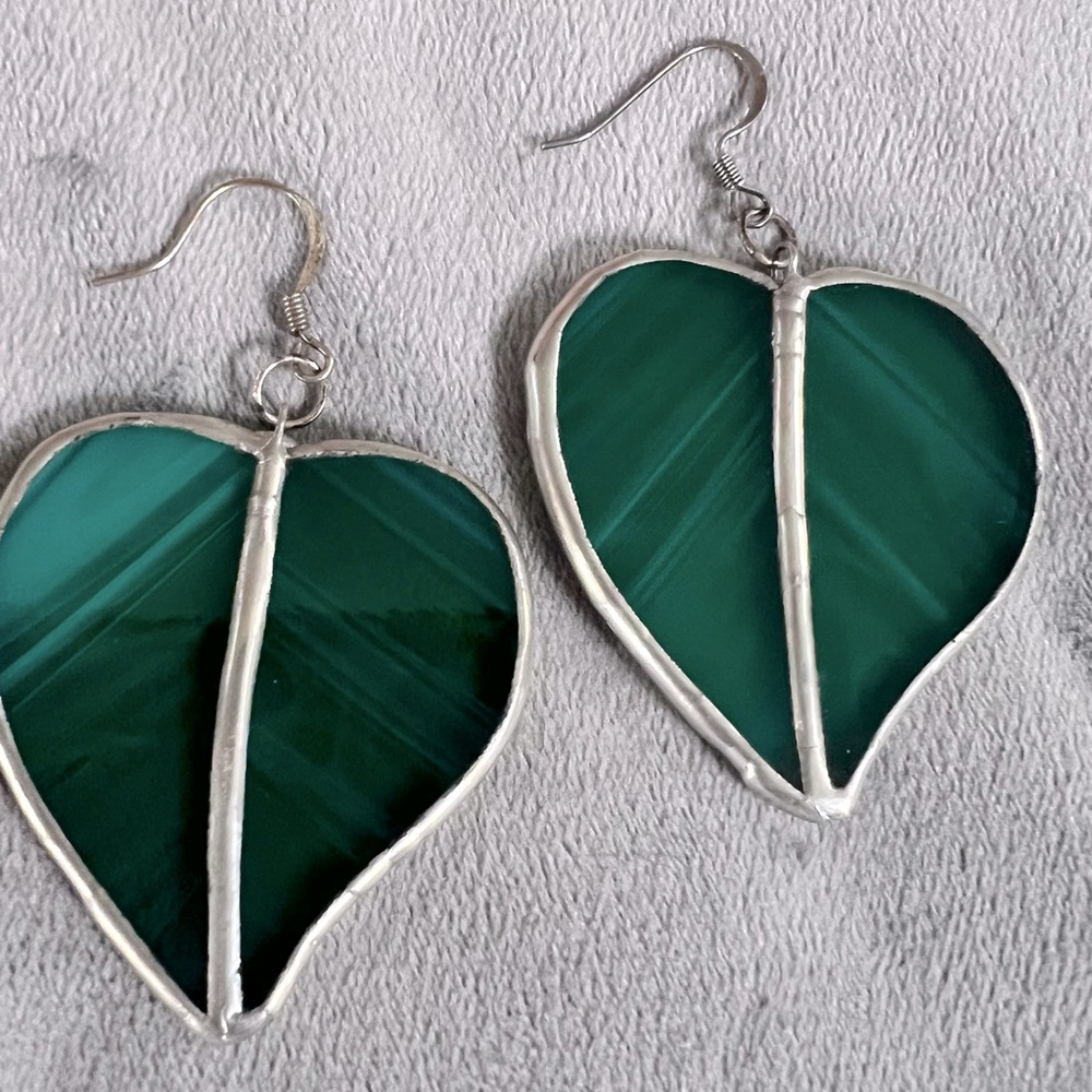 Elegant Green Leaf  Stain Glass Earrings